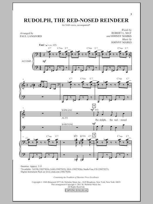 Paul Langford Rudolph The Red-Nosed Reindeer Sheet Music Notes & Chords for SAB - Download or Print PDF