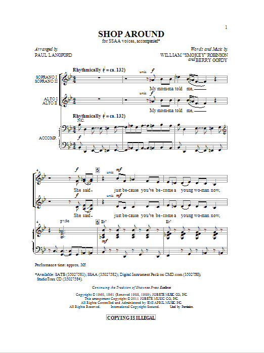 Smokey Robinson; Captain & Tennille Shop Around (arr. Paul Langford) Sheet Music Notes & Chords for SSA - Download or Print PDF