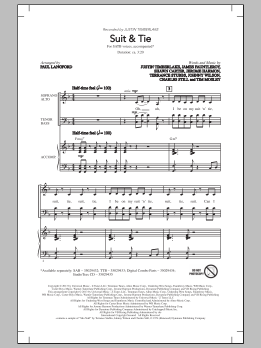 Justin Timberlake Suit & Tie (arr. Paul Langford) Sheet Music Notes & Chords for SATB - Download or Print PDF