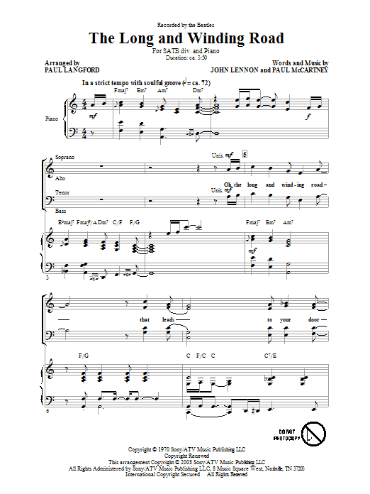 The Beatles The Long And Winding Road (arr. Paul Langford) Sheet Music Notes & Chords for SATB - Download or Print PDF