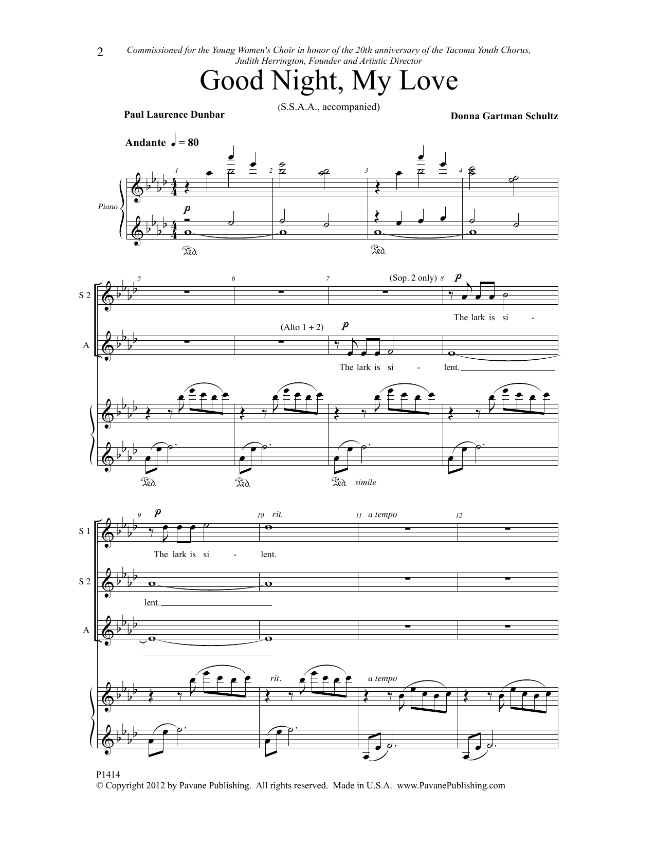 Paul Laurence Dunbar Good Night, My Love Sheet Music Notes & Chords for Choral - Download or Print PDF