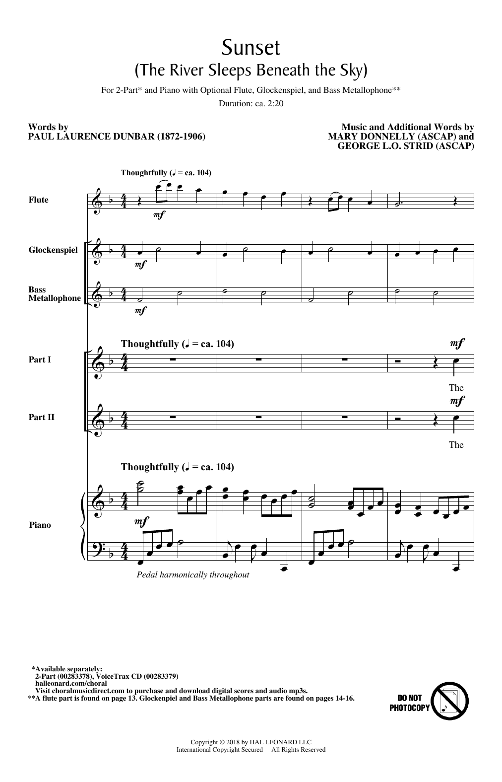 Paul Laurence Dunbar Sunset (The River Sleeps Beneath The Sky) Sheet Music Notes & Chords for 2-Part Choir - Download or Print PDF