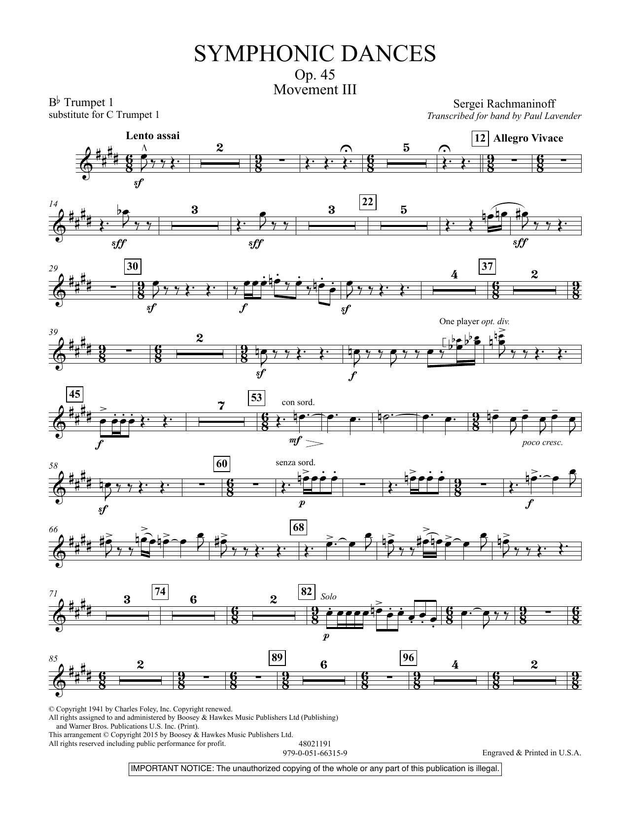 Paul Lavender Symphonic Dances, Op.45 - Bb Trumpet Parts - Digital Only - Bb Trumpet 1 (sub. C Tpt. 1) Sheet Music Notes & Chords for Concert Band - Download or Print PDF