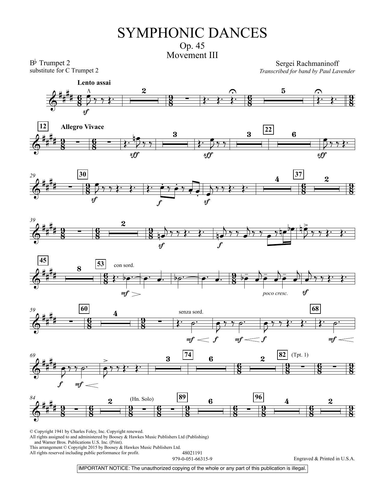 Paul Lavender Symphonic Dances, Op.45 - Bb Trumpet Parts - Digital Only - Bb Trumpet 2 (sub. C Tpt. 2) Sheet Music Notes & Chords for Concert Band - Download or Print PDF