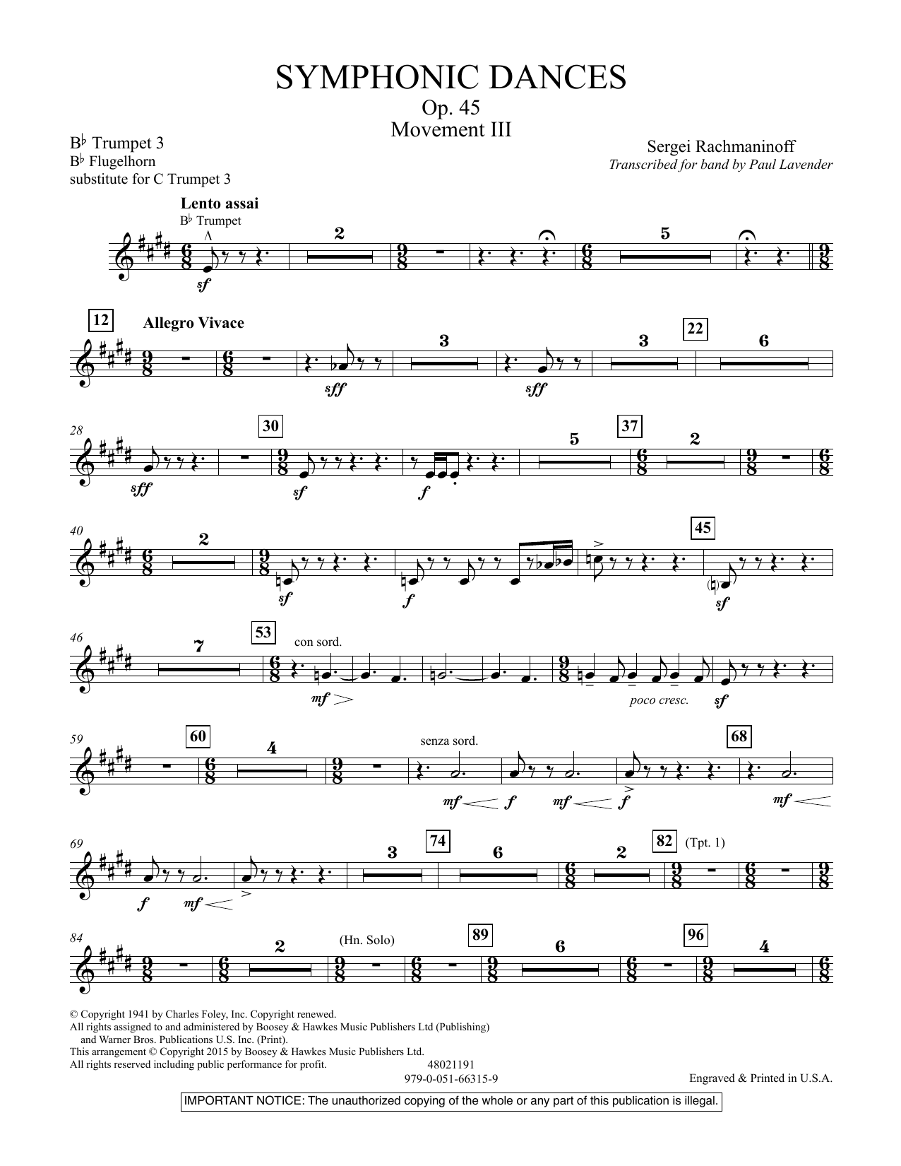 Paul Lavender Symphonic Dances, Op.45 - Bb Trumpet Parts - Digital Only - Bb Trumpet 3 (sub. C Tpt. 3) Sheet Music Notes & Chords for Concert Band - Download or Print PDF