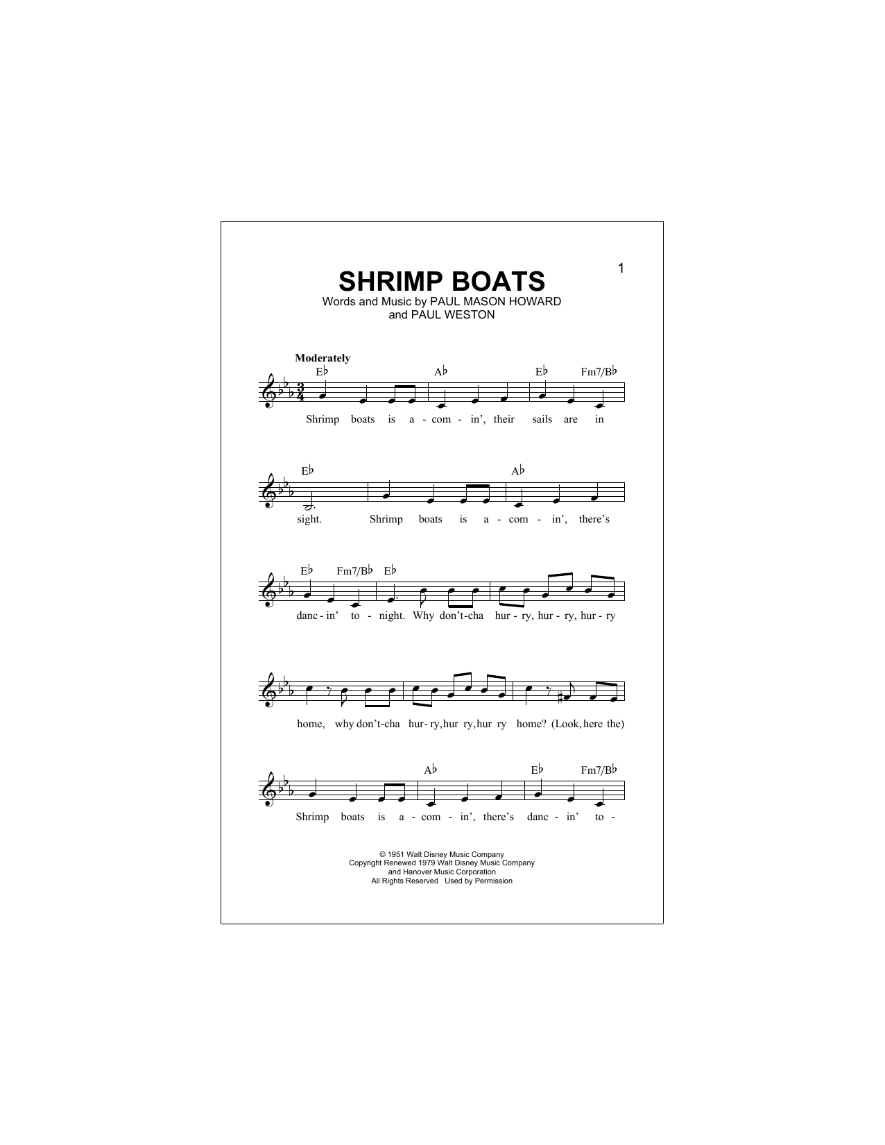 Paul Mason Howard Shrimp Boats Sheet Music Notes & Chords for Melody Line, Lyrics & Chords - Download or Print PDF
