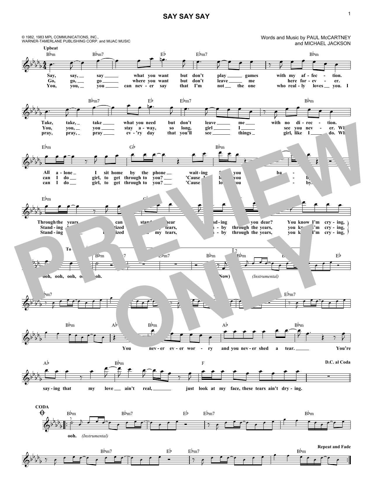 Paul McCartney & Michael Jackson Say Say Say Sheet Music Notes & Chords for Melody Line, Lyrics & Chords - Download or Print PDF