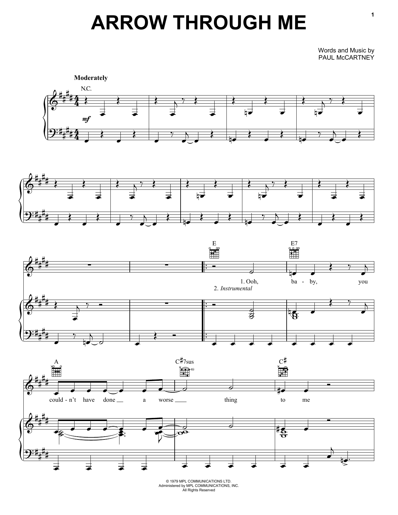 Paul McCartney & Wings Arrow Through Me Sheet Music Notes & Chords for Piano, Vocal & Guitar (Right-Hand Melody) - Download or Print PDF