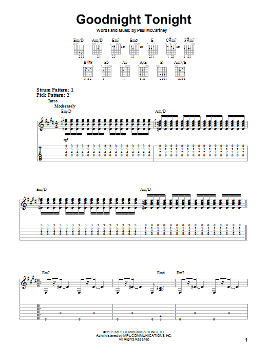 Paul McCartney & Wings Goodnight Tonight Sheet Music Notes & Chords for Easy Guitar with TAB - Download or Print PDF