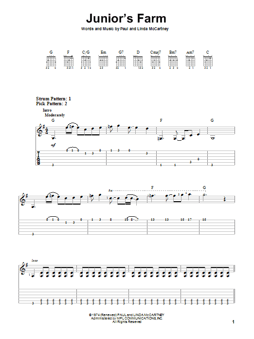 Paul McCartney & Wings Junior's Farm Sheet Music Notes & Chords for Easy Guitar with TAB - Download or Print PDF