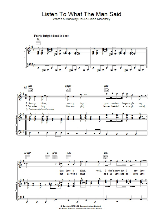 Paul McCartney & Wings Listen To What The Man Said Sheet Music Notes & Chords for Lyrics & Chords - Download or Print PDF Paul McCartney & Wings Listen To What The Man Said Sheet Music Notes & Chords for Lyrics & Chords - Download or Print PDF