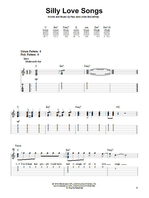 Paul McCartney & Wings Silly Love Songs Sheet Music Notes & Chords for Melody Line, Lyrics & Chords - Download or Print PDF