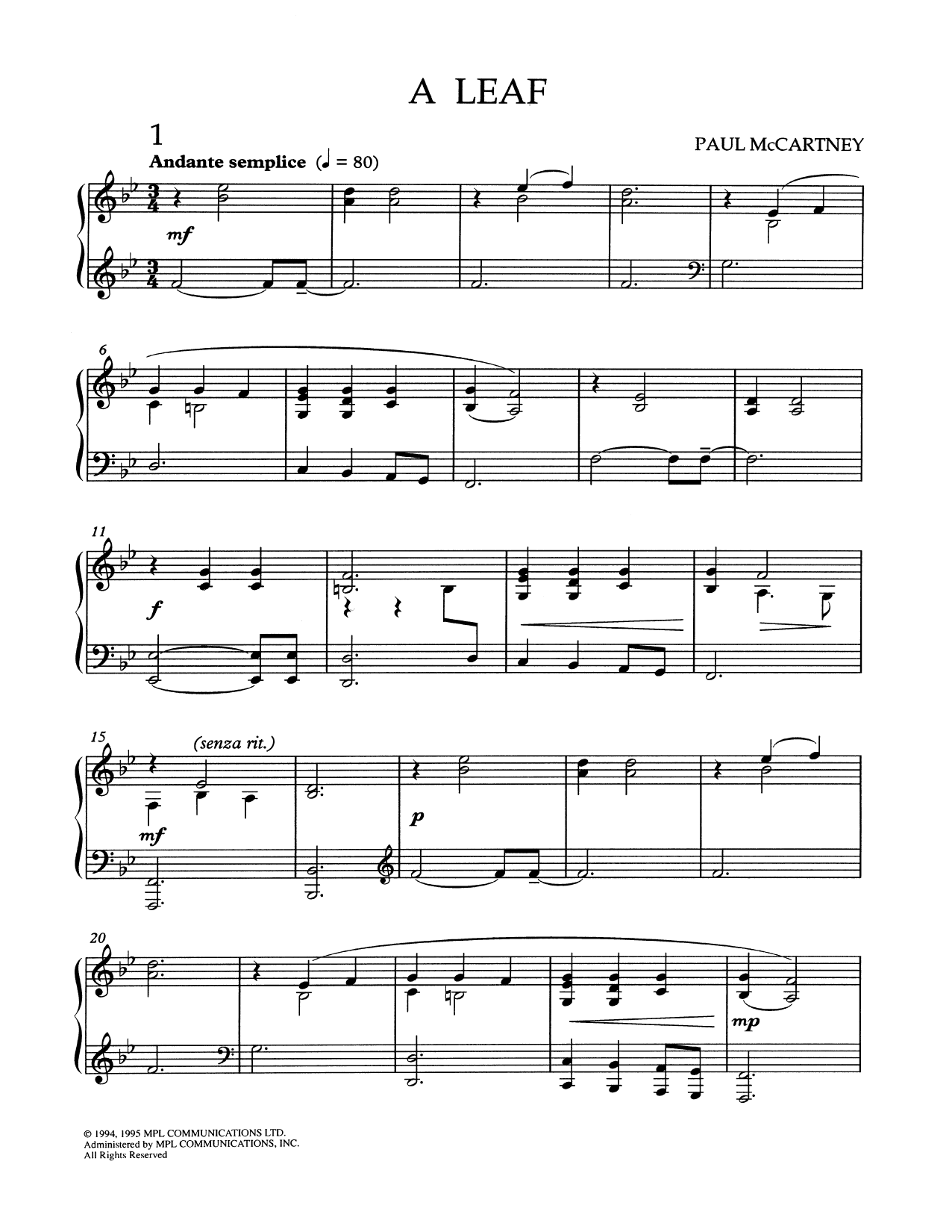 Paul McCartney A Leaf Sheet Music Notes & Chords for Piano - Download or Print PDF