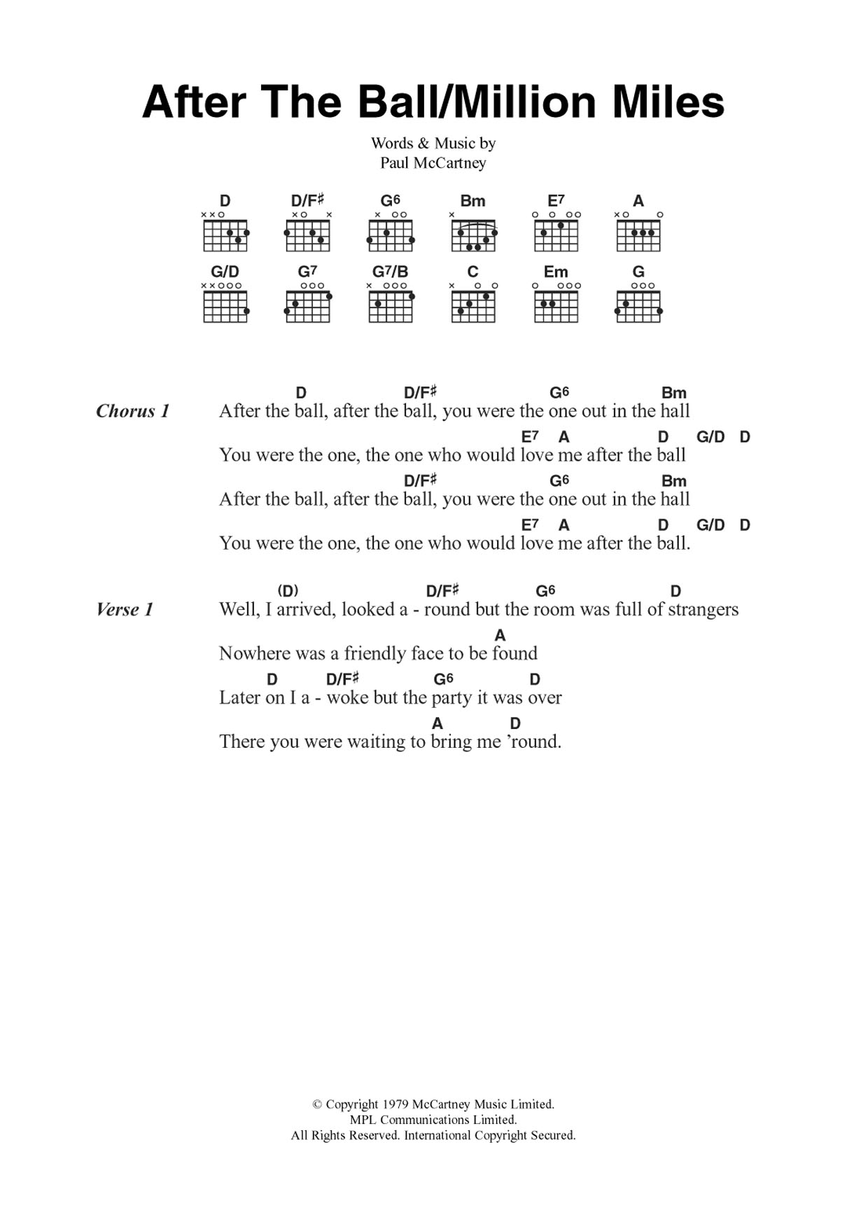 Paul McCartney After The Ball/Million Miles Sheet Music Notes & Chords for Guitar Chords/Lyrics - Download or Print PDF