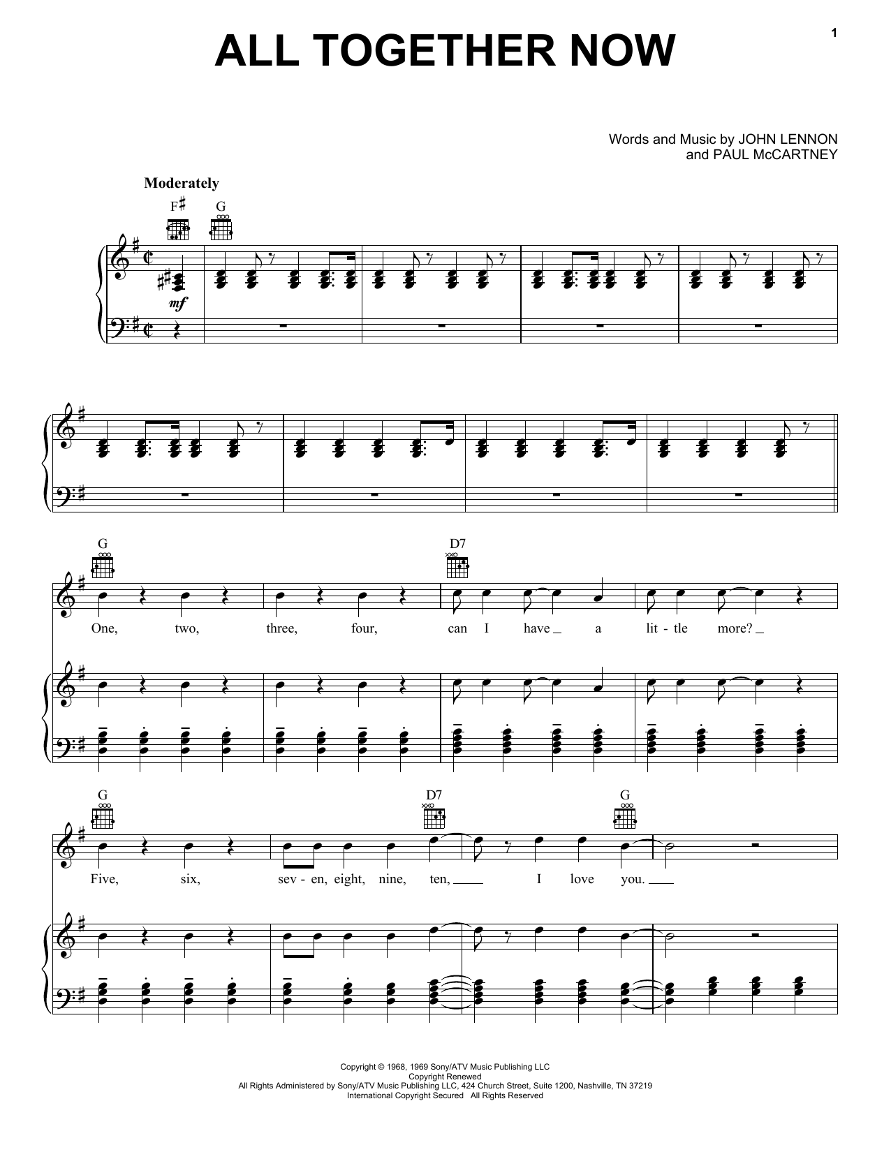 Paul McCartney All Together Now Sheet Music Notes & Chords for Piano, Vocal & Guitar (Right-Hand Melody) - Download or Print PDF