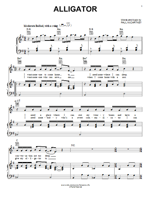 Paul McCartney Alligator Sheet Music Notes & Chords for Piano, Vocal & Guitar (Right-Hand Melody) - Download or Print PDF