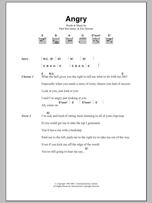 Paul McCartney Angry Sheet Music Notes & Chords for Lyrics & Chords - Download or Print PDF