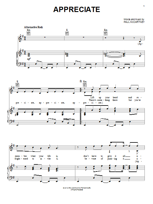 Paul McCartney Appreciate Sheet Music Notes & Chords for Piano, Vocal & Guitar (Right-Hand Melody) - Download or Print PDF Paul McCartney Appreciate Sheet Music Notes & Chords for Piano, Vocal & Guitar (Right-Hand Melody) - Download or Print PDF