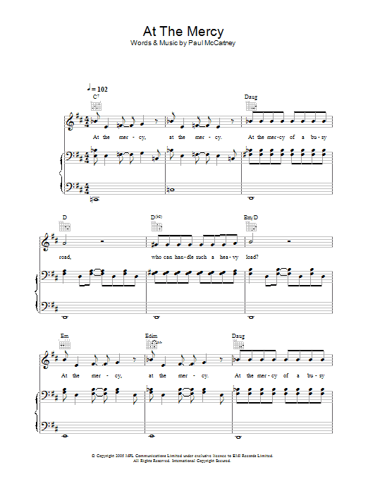 Paul McCartney At The Mercy Sheet Music Notes & Chords for Piano, Vocal & Guitar (Right-Hand Melody) - Download or Print PDF