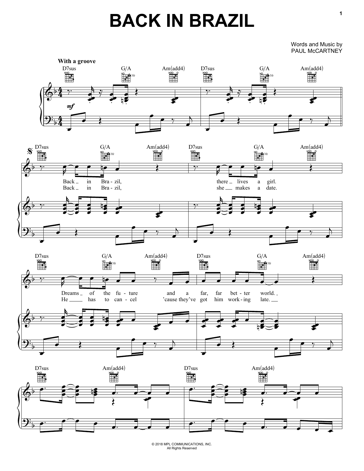 Paul McCartney Back In Brazil Sheet Music Notes & Chords for Piano, Vocal & Guitar (Right-Hand Melody) - Download or Print PDF