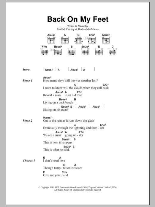 Paul McCartney Back On My Feet Sheet Music Notes & Chords for Lyrics & Chords - Download or Print PDF