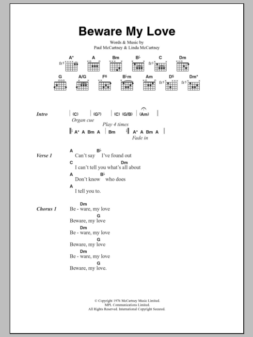 Paul McCartney Beware My Love Sheet Music Notes & Chords for Lyrics & Chords - Download or Print PDF