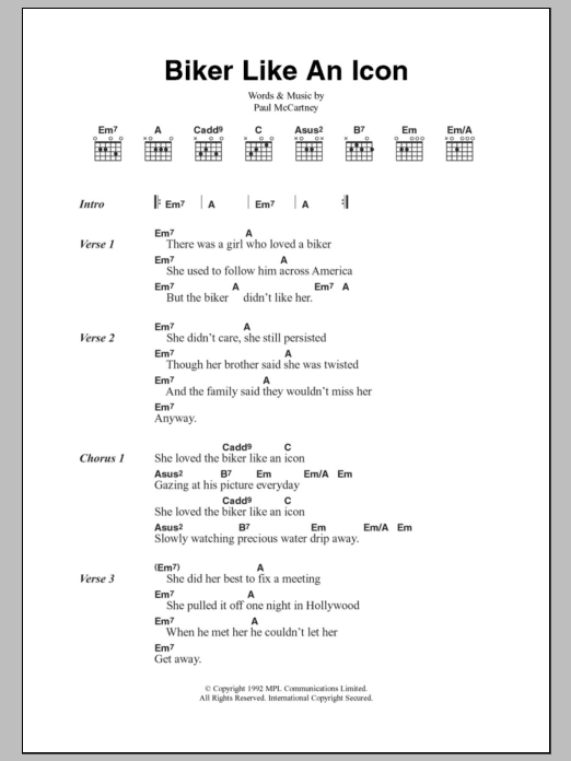 Paul McCartney Biker Like An Icon Sheet Music Notes & Chords for Lyrics & Chords - Download or Print PDF