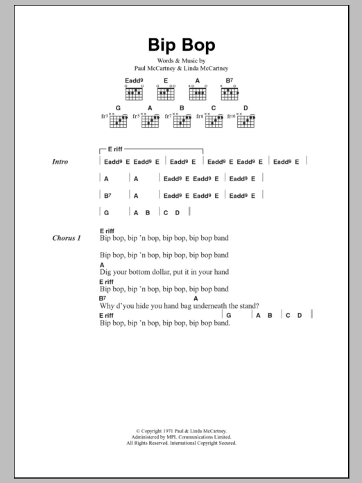 Paul McCartney & Wings Bip Bop/Hey Diddle Sheet Music Notes & Chords for Lyrics & Chords - Download or Print PDF