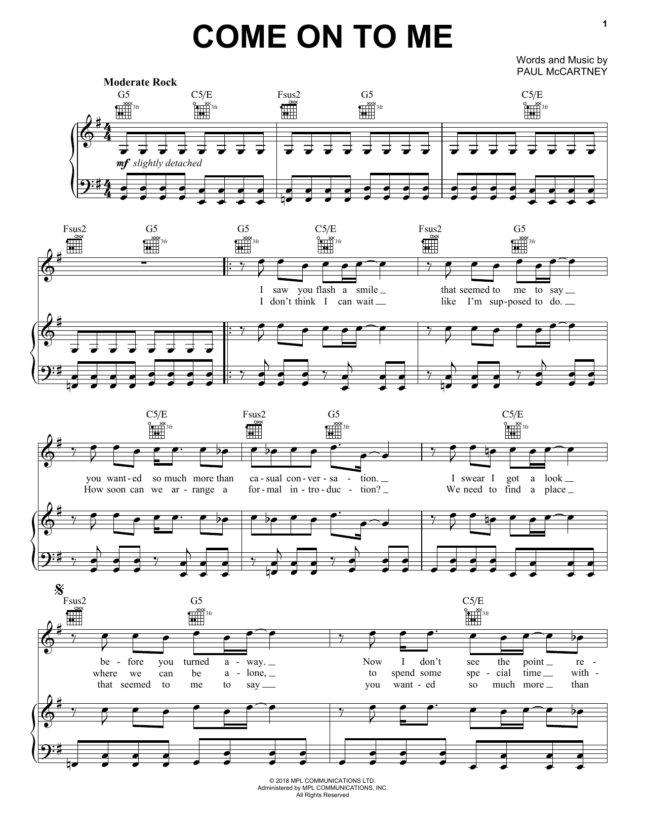 Paul McCartney Come On To Me Sheet Music Notes & Chords for Piano, Vocal & Guitar (Right-Hand Melody) - Download or Print PDF