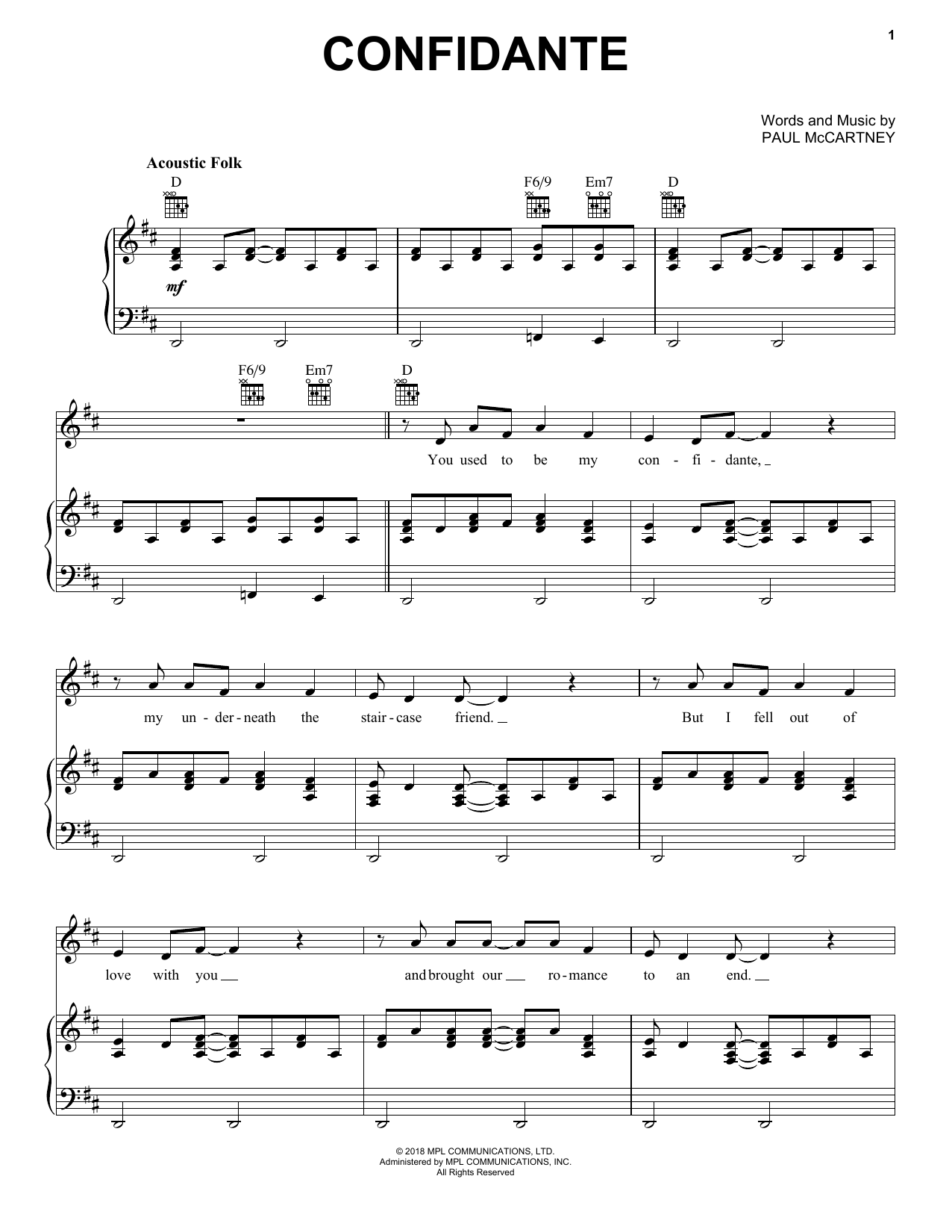 Paul McCartney Confidante Sheet Music Notes & Chords for Piano, Vocal & Guitar (Right-Hand Melody) - Download or Print PDF