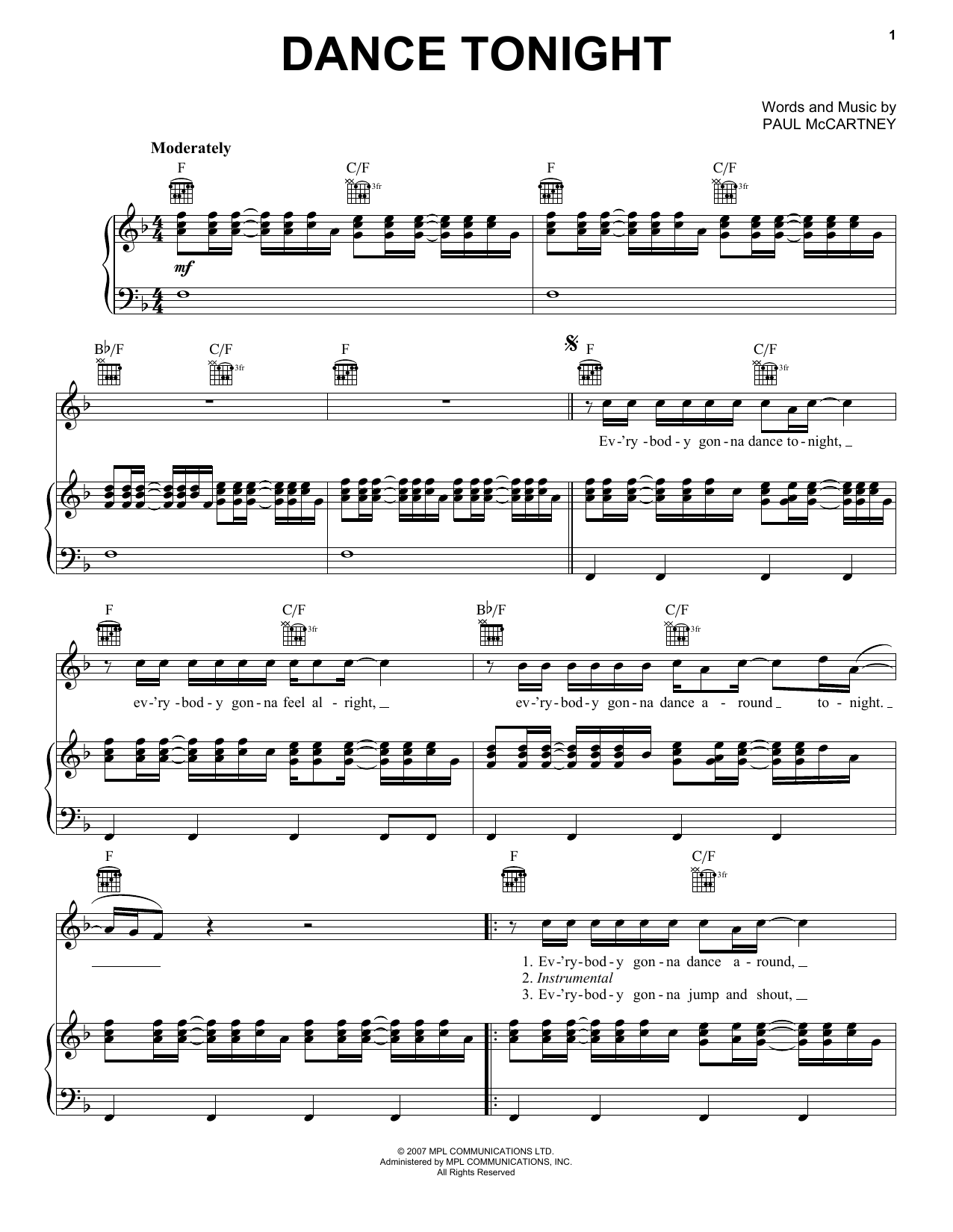 Paul McCartney Dance Tonight Sheet Music Notes & Chords for Piano, Vocal & Guitar (Right-Hand Melody) - Download or Print PDF