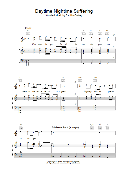 Paul McCartney Daytime Nightime Suffering Sheet Music Notes & Chords for Lyrics & Chords - Download or Print PDF