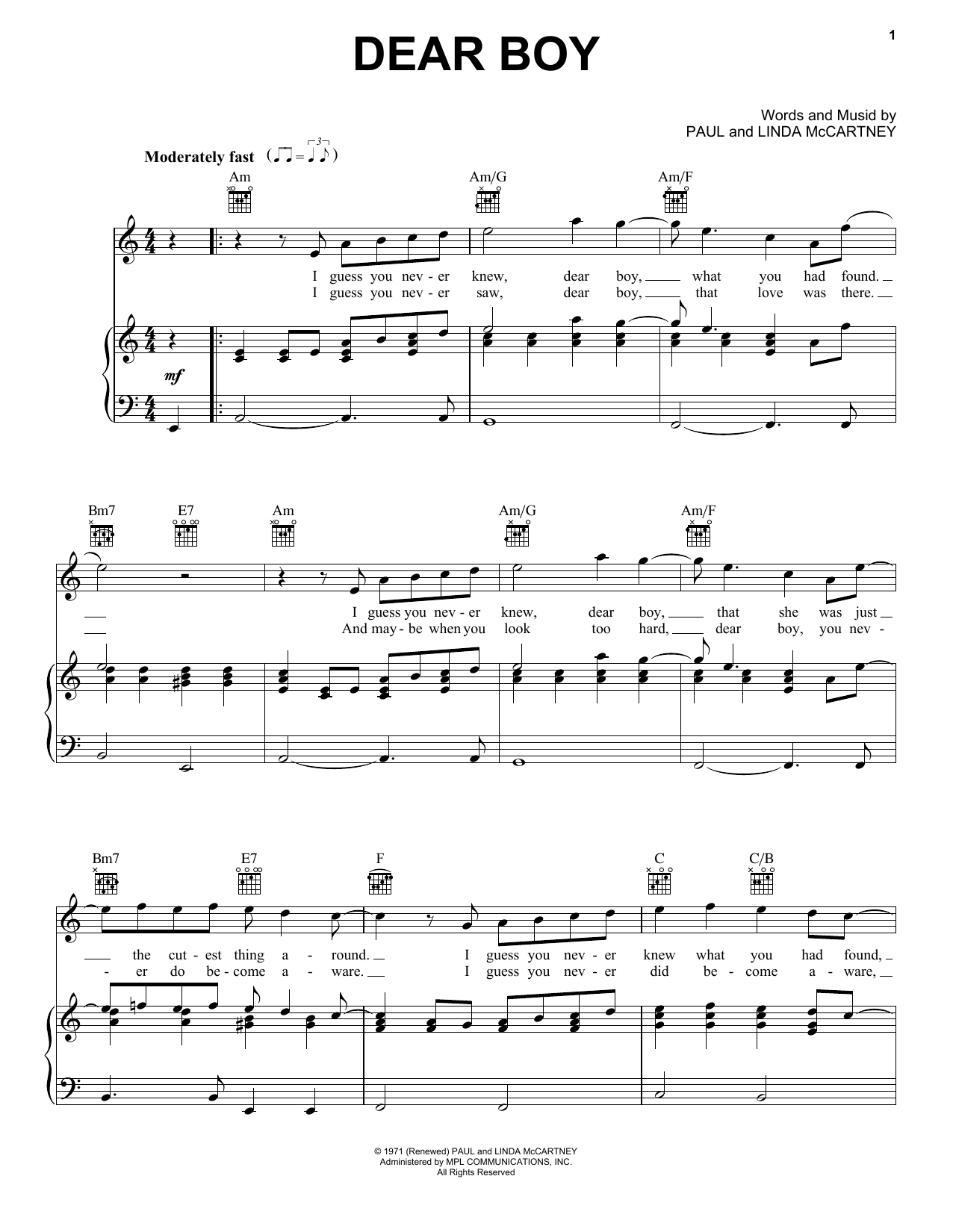 Paul McCartney Dear Boy Sheet Music Notes & Chords for Easy Piano - Download or Print PDF