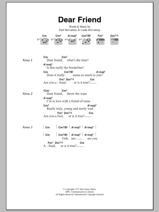 Paul McCartney & Wings Dear Friend Sheet Music Notes & Chords for Lyrics & Chords - Download or Print PDF