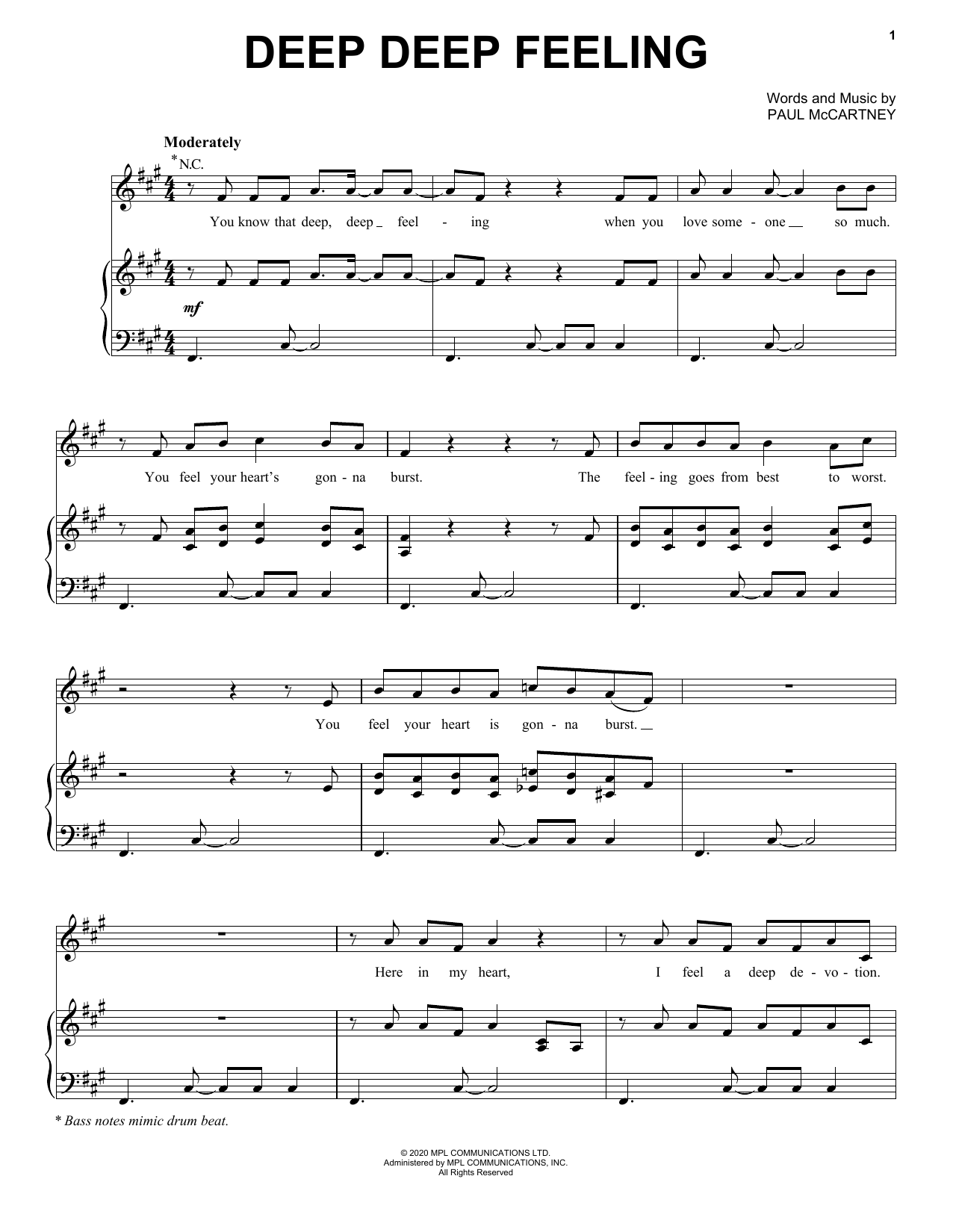 Paul McCartney Deep Deep Feeling Sheet Music Notes & Chords for Piano, Vocal & Guitar (Right-Hand Melody) - Download or Print PDF