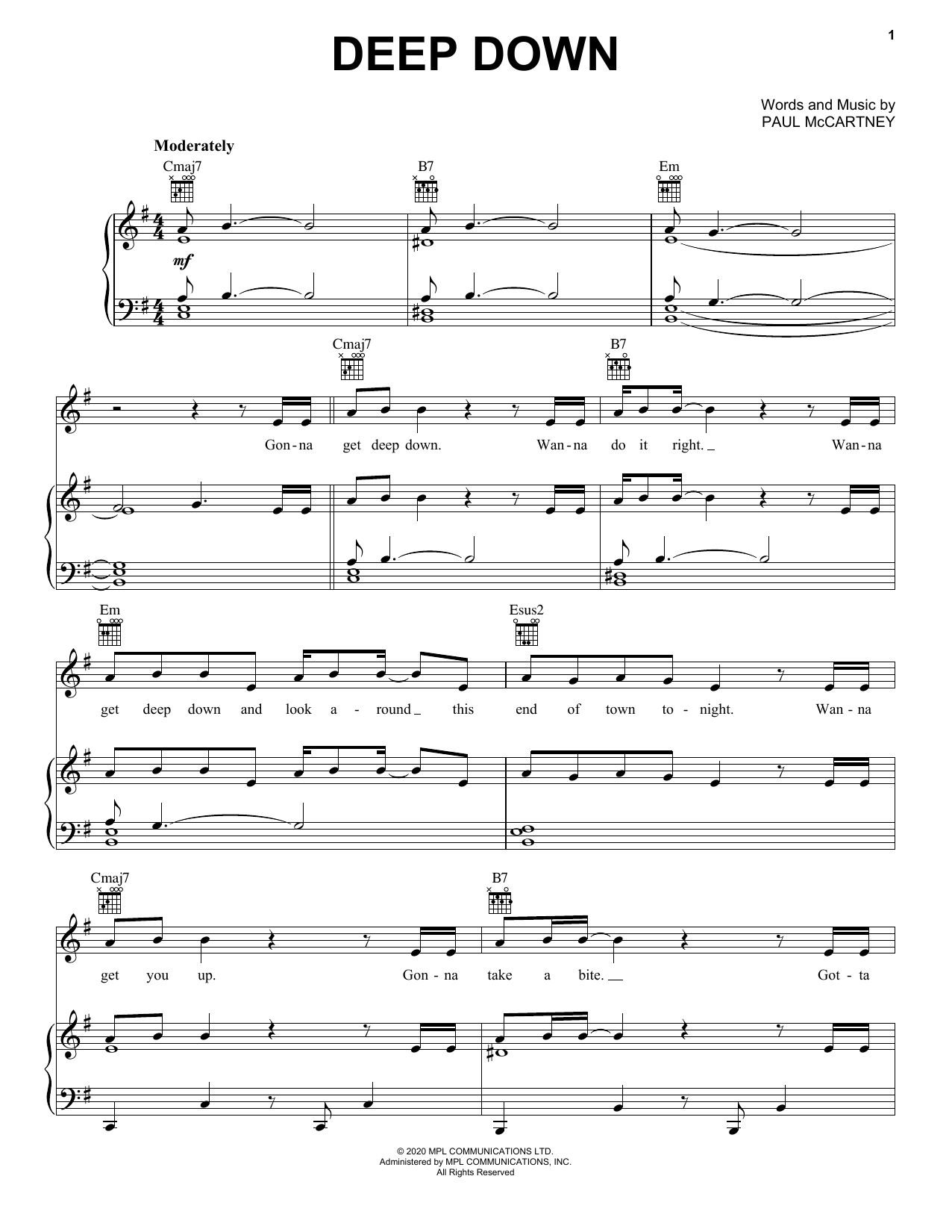 Paul McCartney Deep Down Sheet Music Notes & Chords for Piano, Vocal & Guitar (Right-Hand Melody) - Download or Print PDF