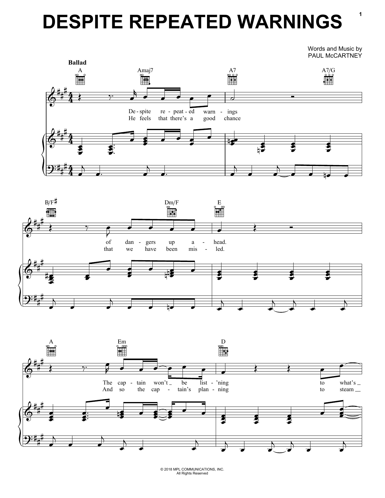 Paul McCartney Despite Repeated Warnings Sheet Music Notes & Chords for Piano, Vocal & Guitar (Right-Hand Melody) - Download or Print PDF