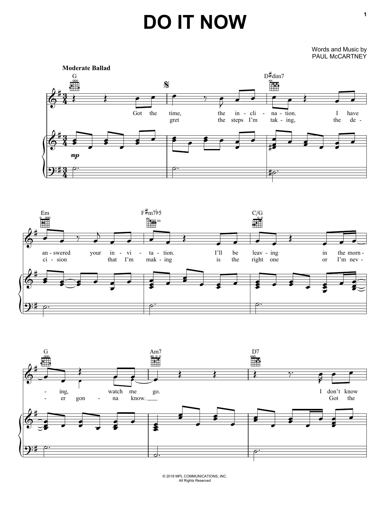Paul McCartney Do It Now Sheet Music Notes & Chords for Piano, Vocal & Guitar (Right-Hand Melody) - Download or Print PDF