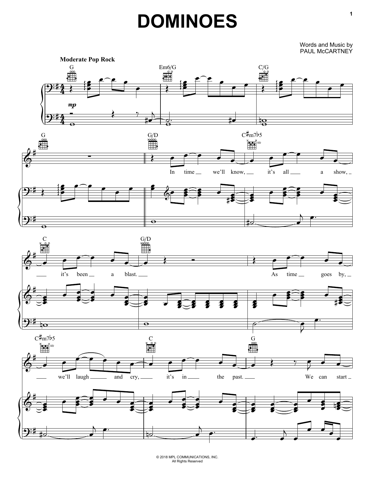 Paul McCartney Dominoes Sheet Music Notes & Chords for Piano, Vocal & Guitar (Right-Hand Melody) - Download or Print PDF