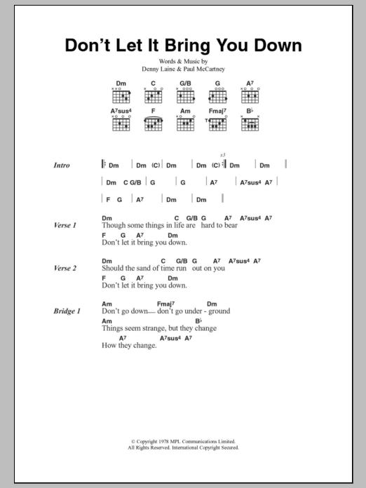 Paul McCartney & Wings Don't Let It Bring You Down Sheet Music Notes & Chords for Lyrics & Chords - Download or Print PDF