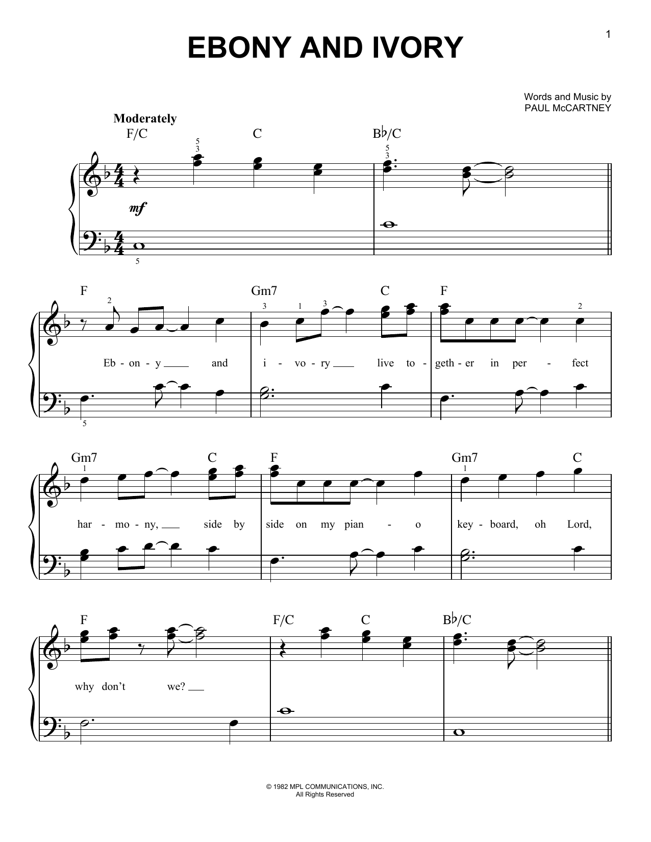 Paul McCartney Ebony And Ivory Sheet Music Notes & Chords for Guitar Chords/Lyrics - Download or Print PDF