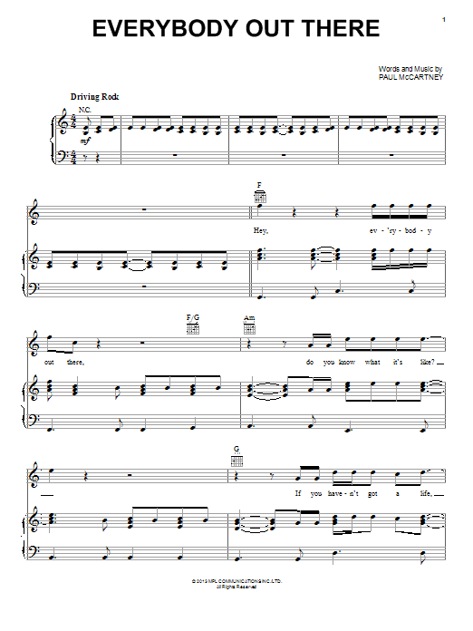 Paul McCartney Everybody Out There Sheet Music Notes & Chords for Piano, Vocal & Guitar (Right-Hand Melody) - Download or Print PDF