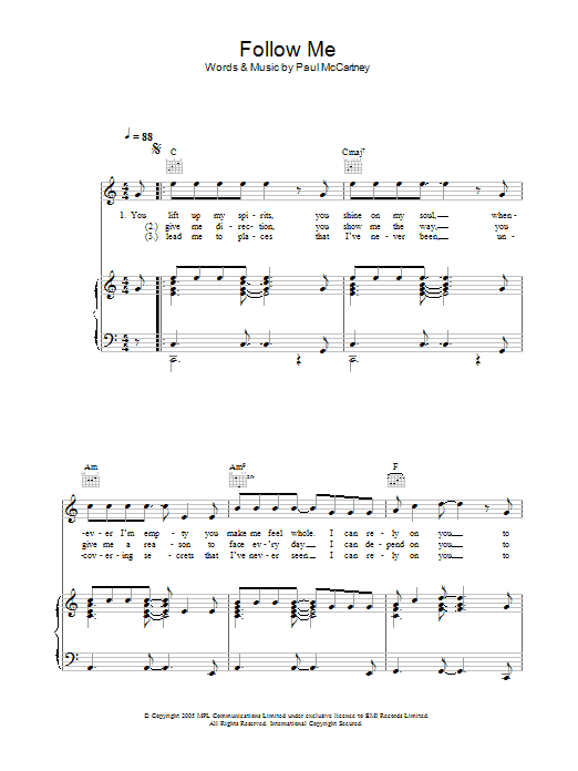 Paul McCartney Follow Me Sheet Music Notes & Chords for Piano, Vocal & Guitar (Right-Hand Melody) - Download or Print PDF