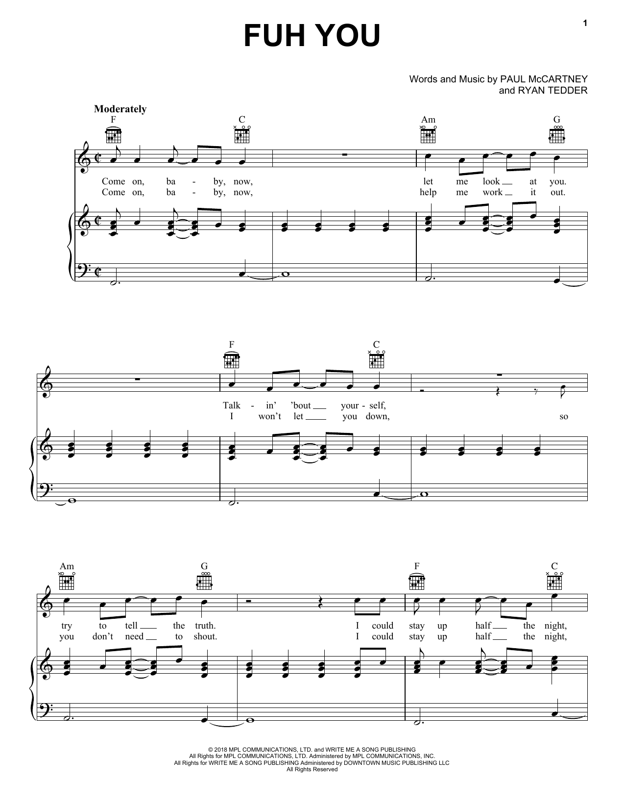 Paul McCartney Fuh You Sheet Music Notes & Chords for Piano, Vocal & Guitar (Right-Hand Melody) - Download or Print PDF