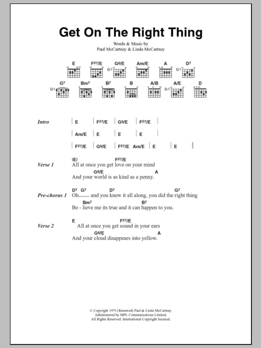 Paul McCartney & Wings Get On The Right Thing Sheet Music Notes & Chords for Lyrics & Chords - Download or Print PDF