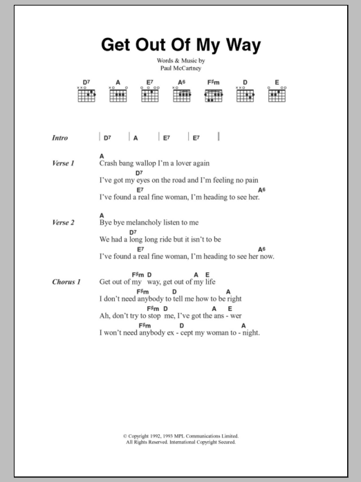 Paul McCartney Get Out Of My Way Sheet Music Notes & Chords for Guitar Chords/Lyrics - Download or Print PDF