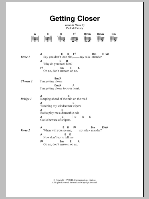 Paul McCartney & Wings Getting Closer Sheet Music Notes & Chords for Lyrics & Chords - Download or Print PDF