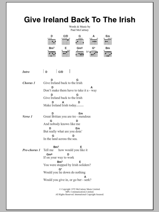 Paul McCartney Give Ireland Back To The Irish Sheet Music Notes & Chords for Lyrics & Chords - Download or Print PDF