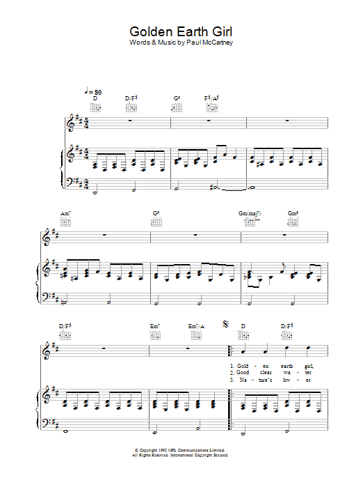 Paul McCartney Golden Earth Girl Sheet Music Notes & Chords for Lyrics & Chords - Download or Print PDF