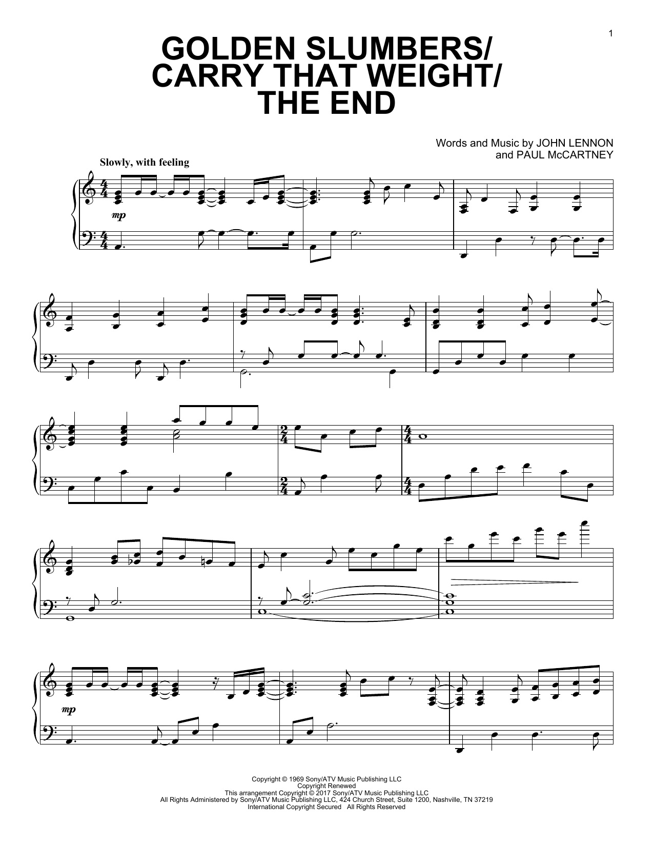 Paul McCartney Golden Slumbers/Carry That Weight/The End Sheet Music Notes & Chords for Piano - Download or Print PDF